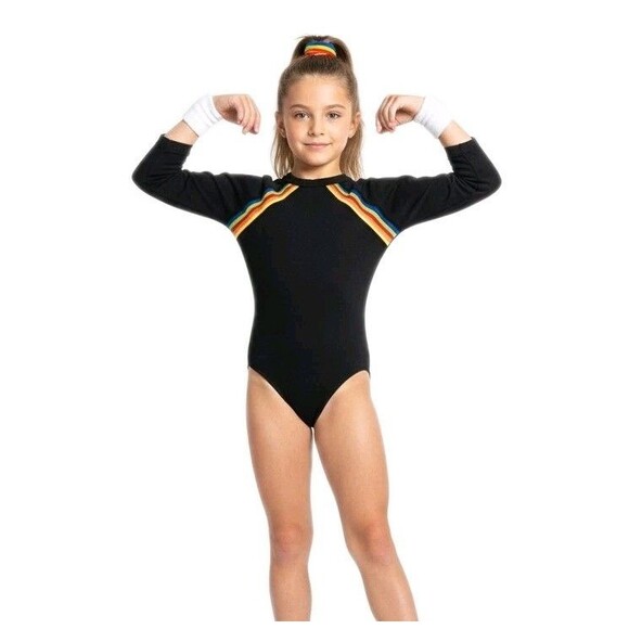 Gilda Marx VTG 80s Cotton Rainbow Stripe LS Leotard Child 12/14 Black NWT - Picture 4 of 11